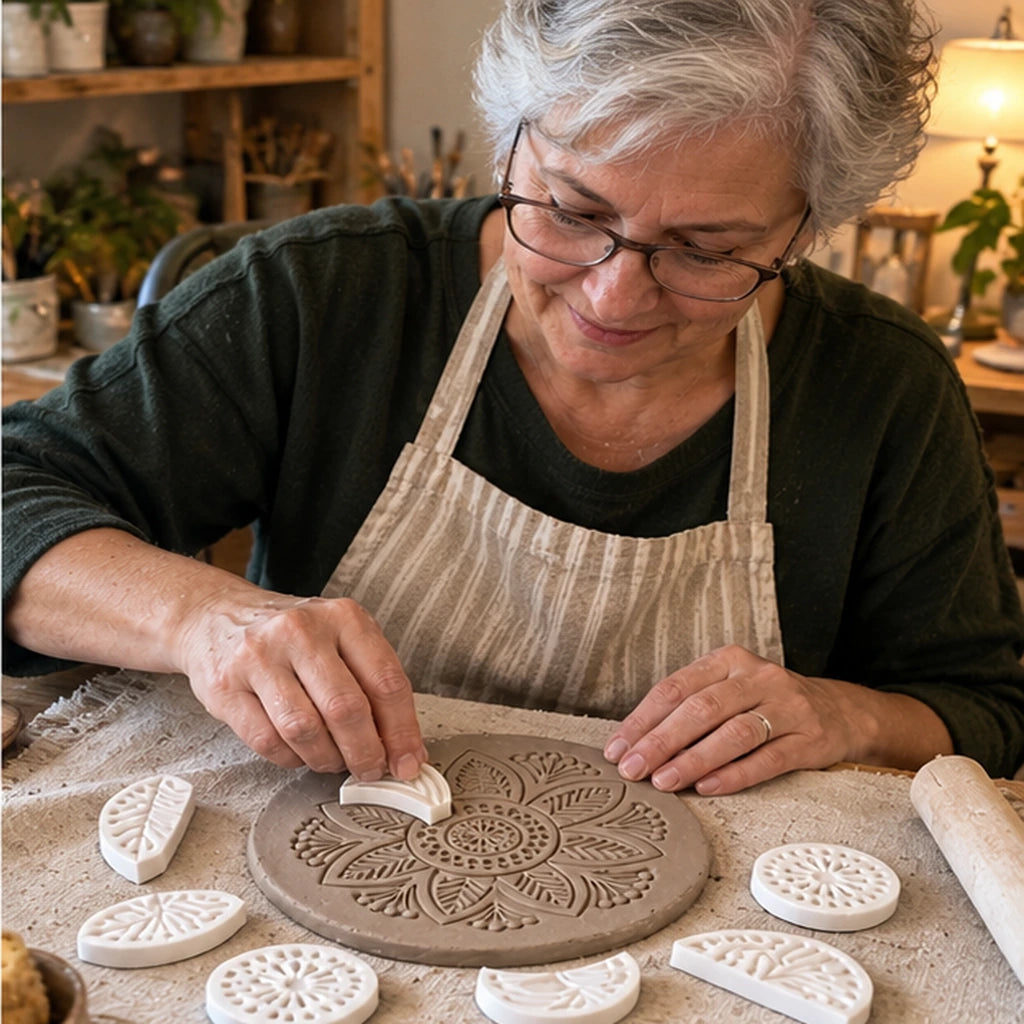 Customer using floral mosaic stamps on clay