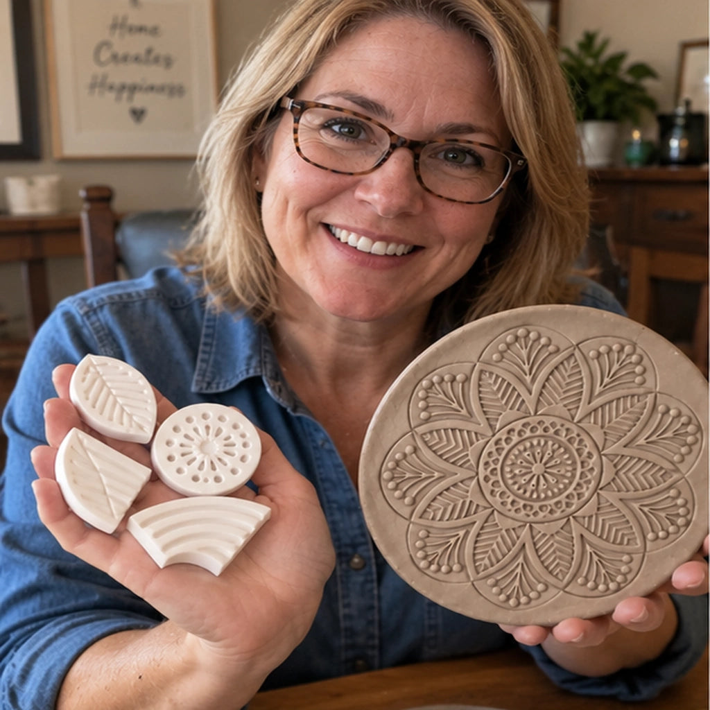 Customer holding a finished floral clay pattern