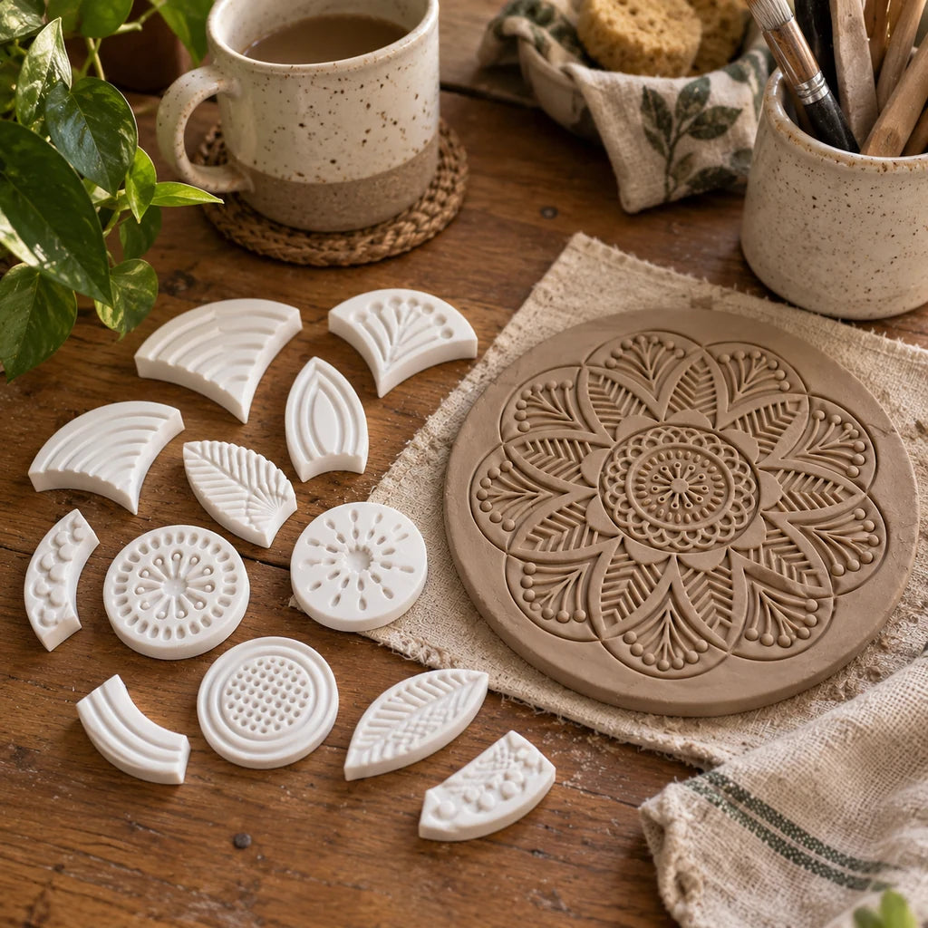 Floral mosaic stamps beside finished clay artwork