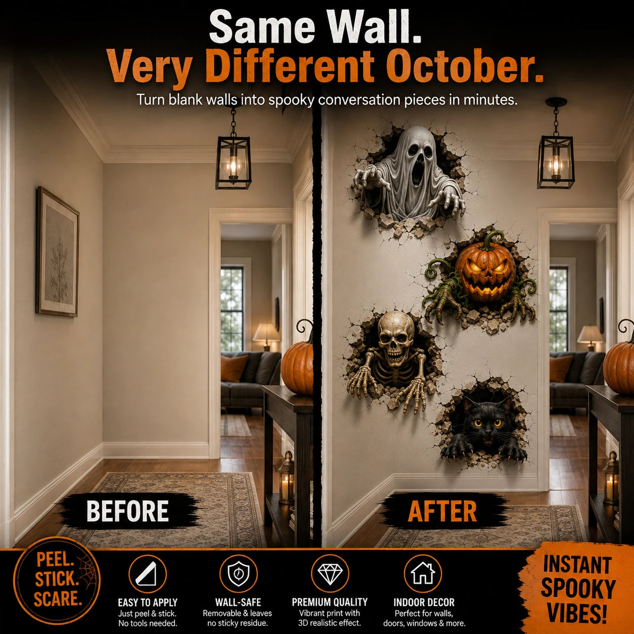 Before and after Halloween hallway wall decal transformation