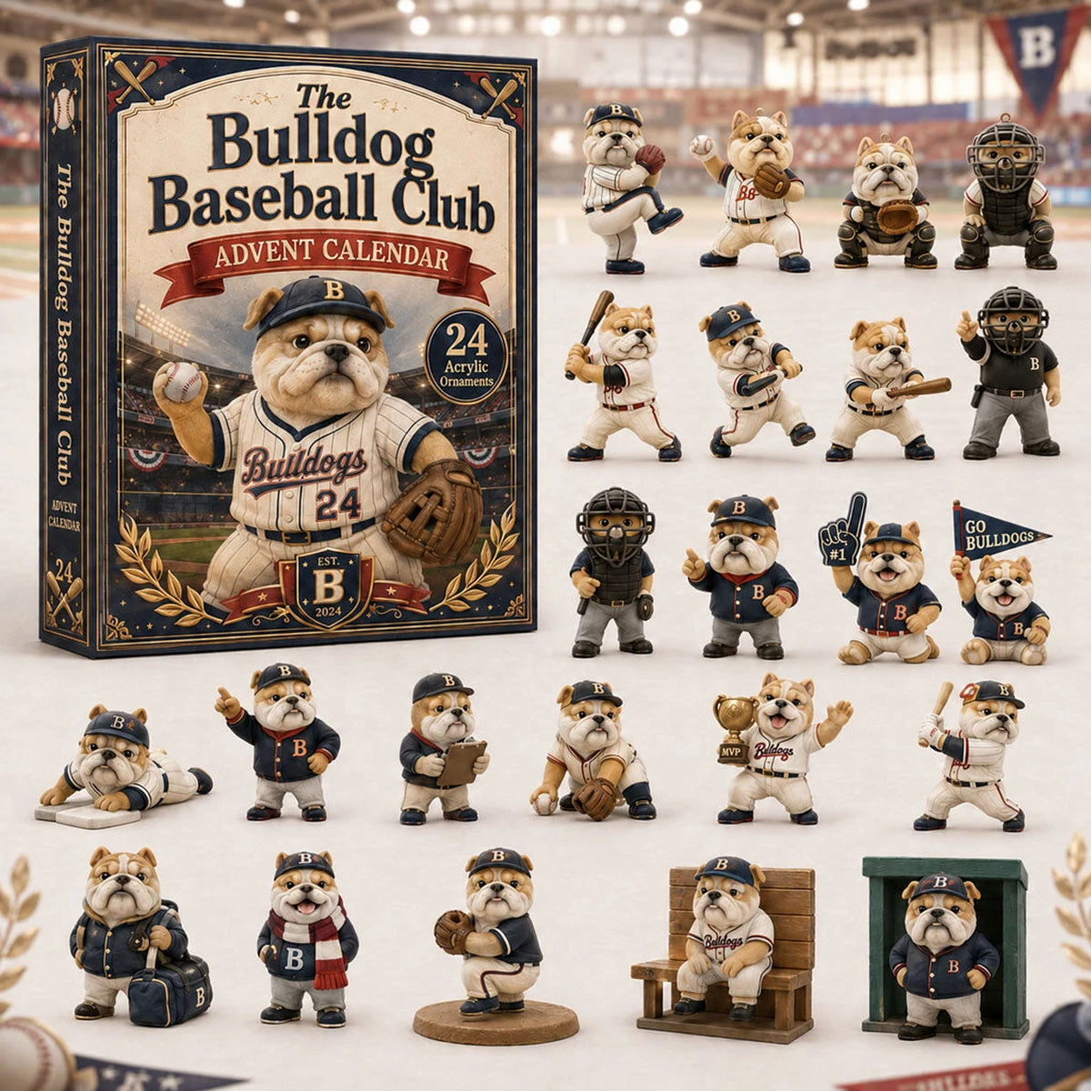 All 24 Bulldog Baseball Club ornaments displayed together