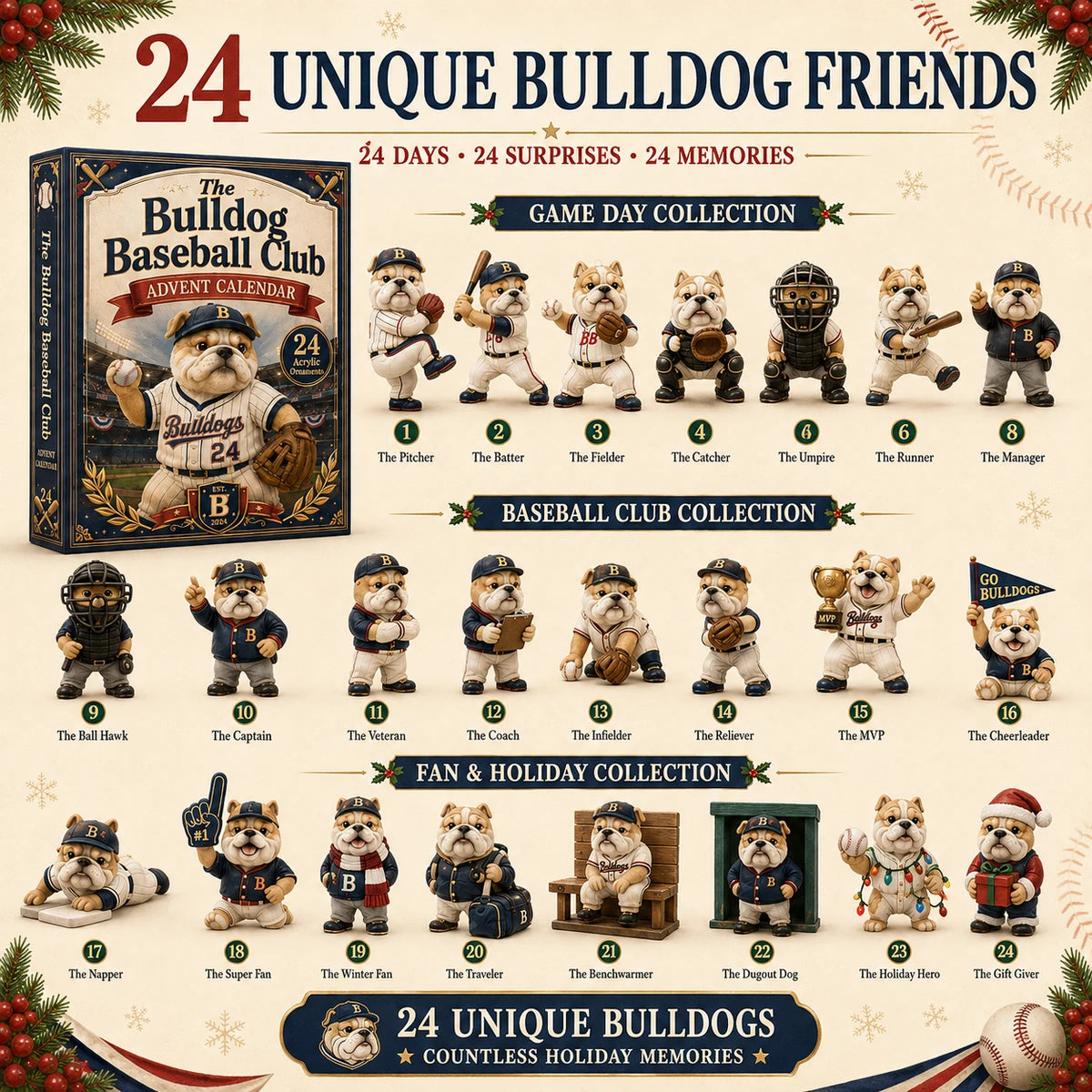 Bulldog Baseball Club infographic showing the 24 unique bulldog friends