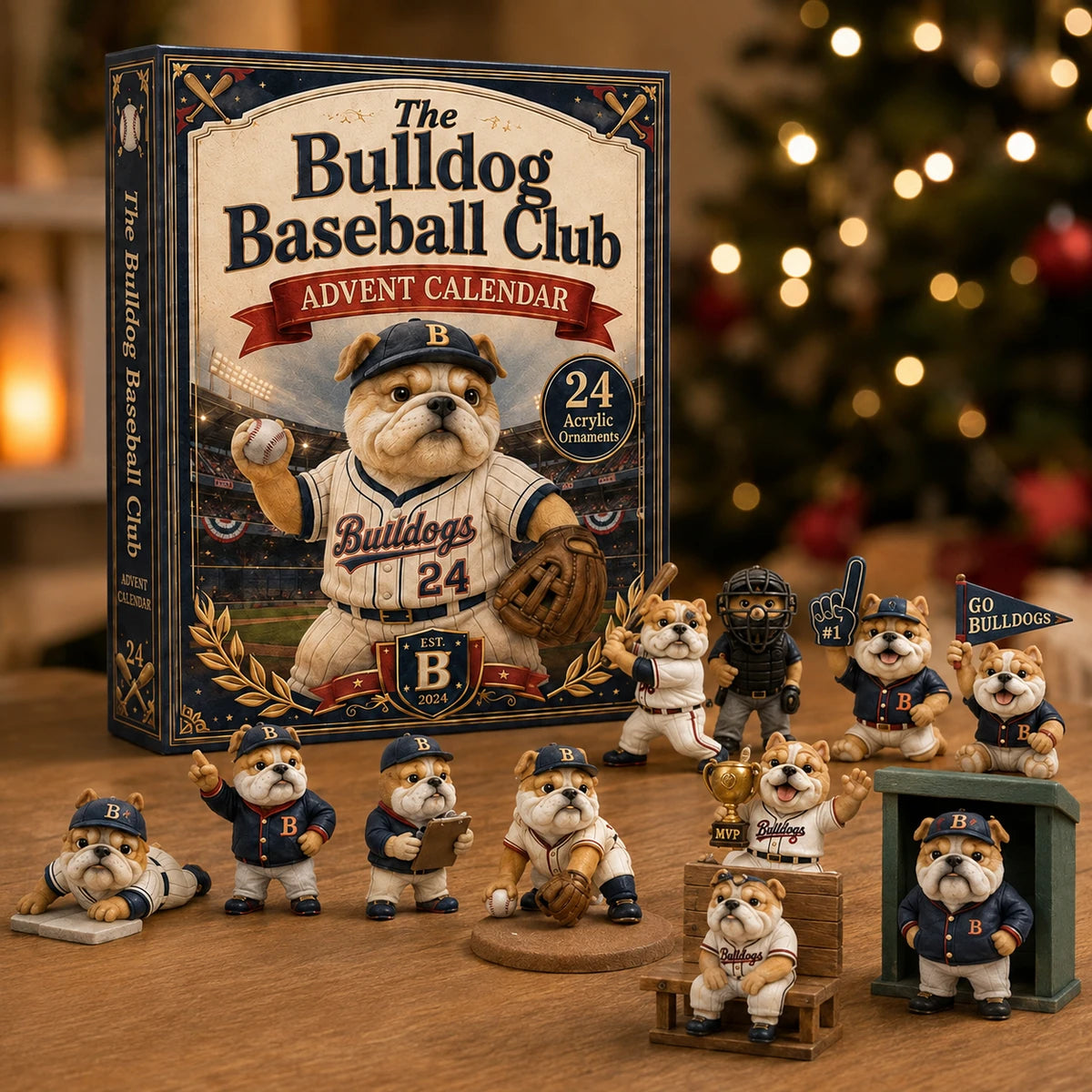 Bulldog Baseball Club ornaments displayed with advent calendar