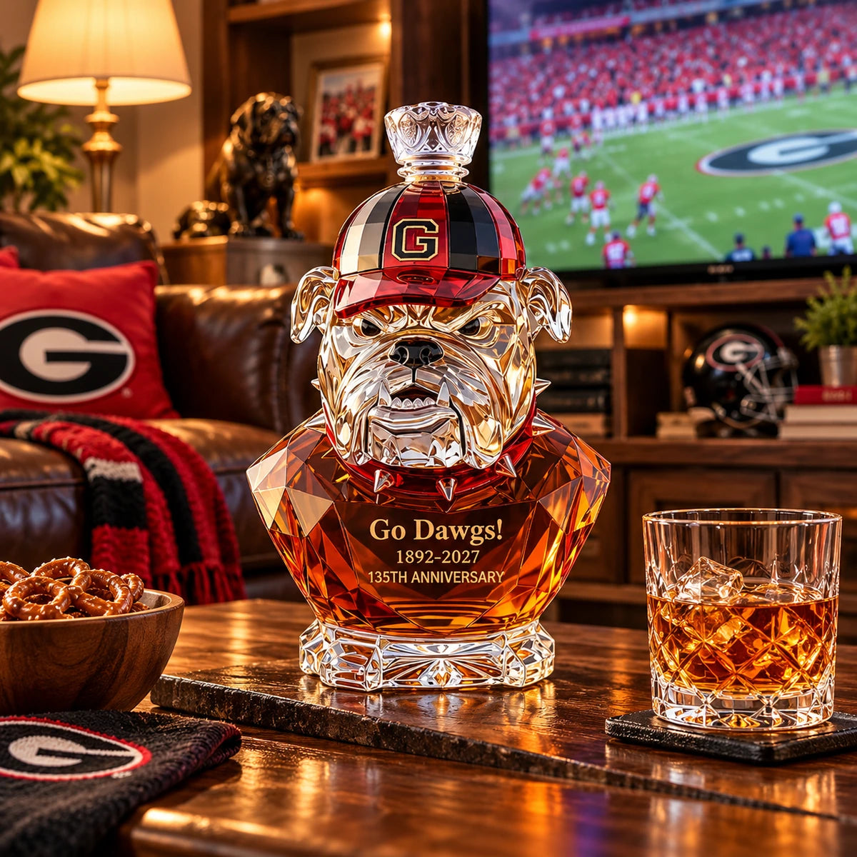 Bulldog whiskey decanter during a football game at home