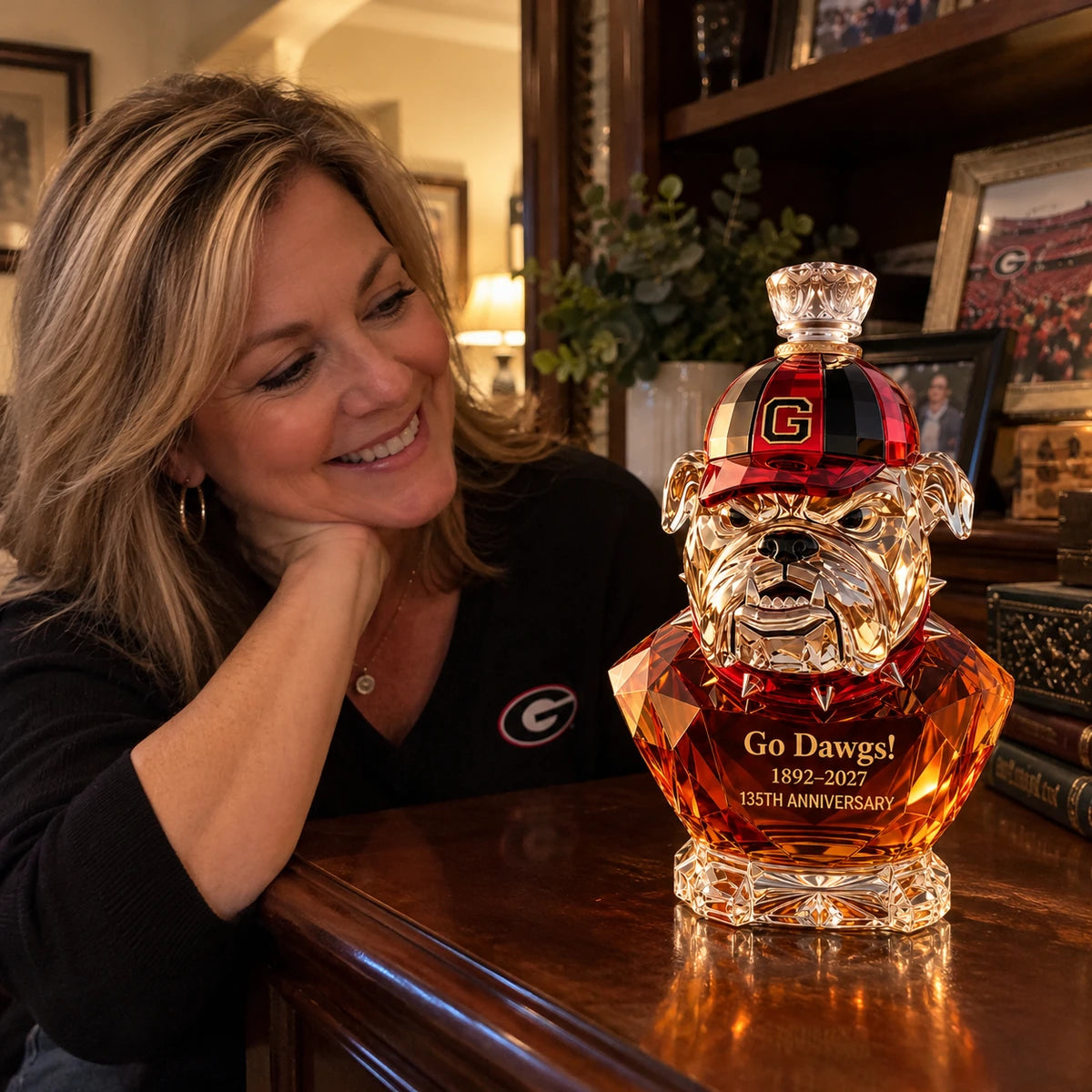 Woman posing with bulldog themed decanter at home