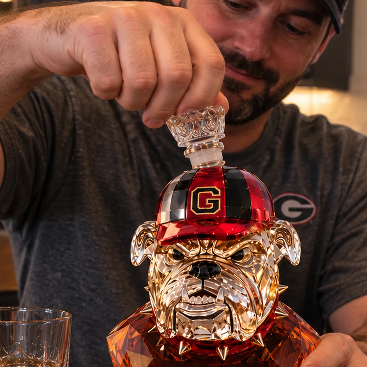 Man showing removable decorative stopper on bulldog decanter
