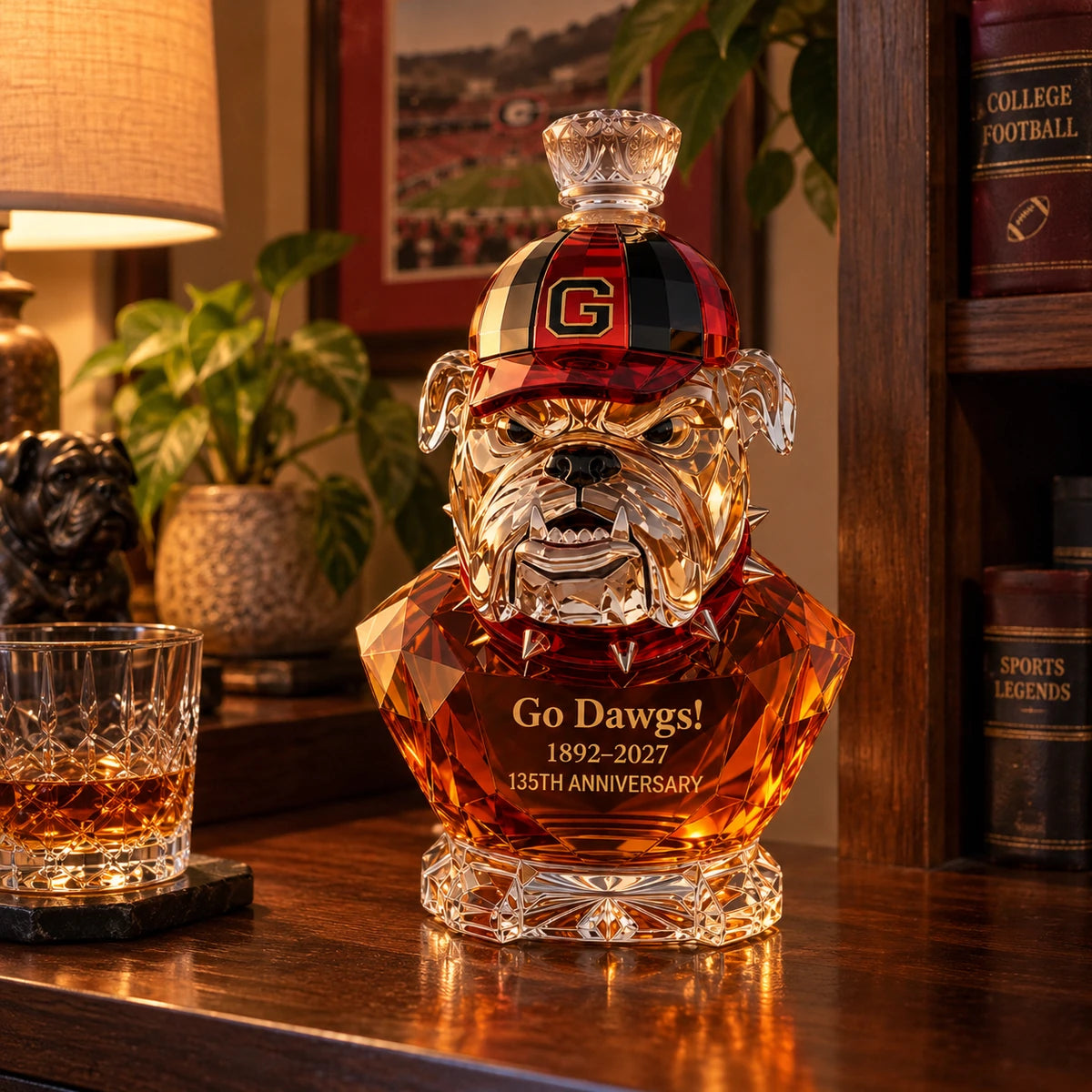 Bulldog collectible decanter displayed on a wood cabinet