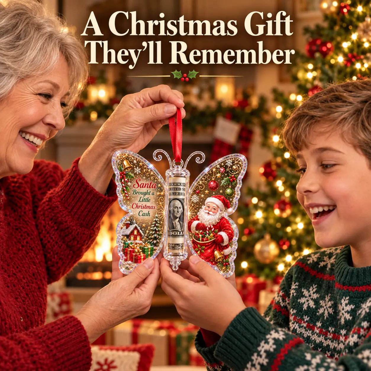 Grandmother and child sharing a butterfly money ornament at Christmas