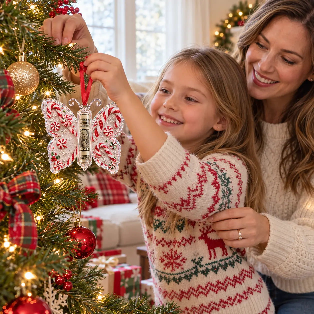 Mother and daughter hanging a butterfly ornament on a Christmas tree