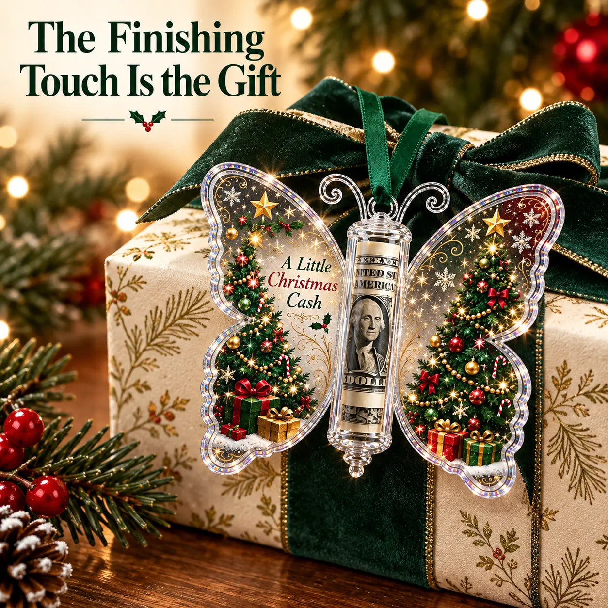 Butterfly money ornament displayed on a wrapped Christmas gift
