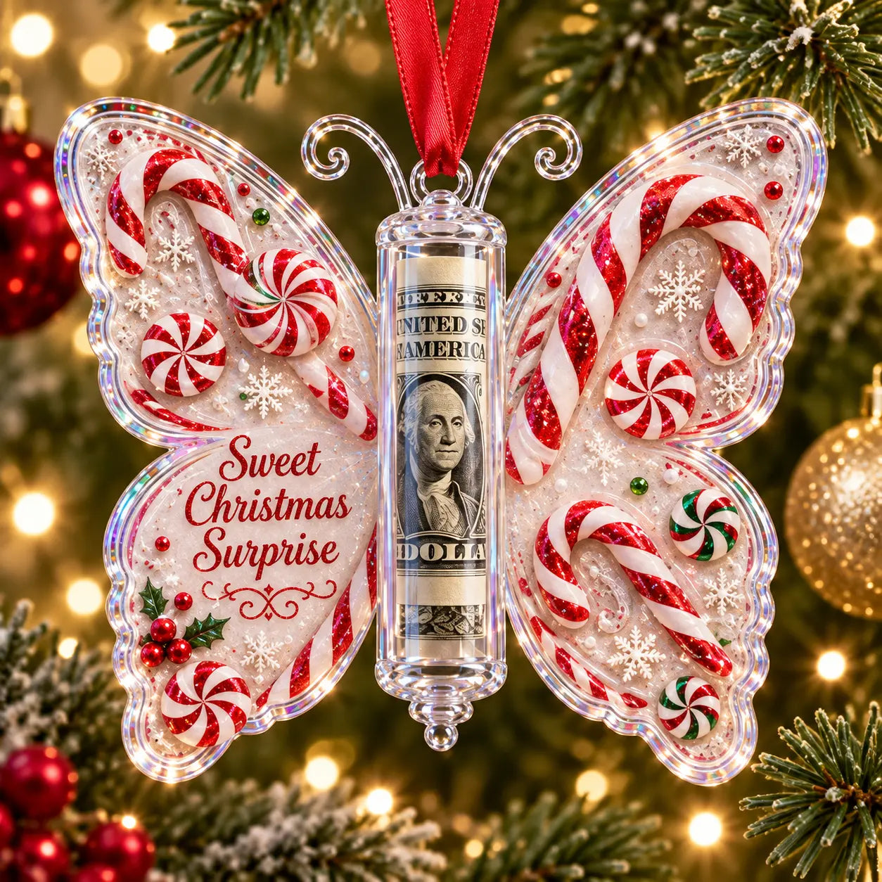 Candy cane butterfly money ornament hanging among Christmas lights