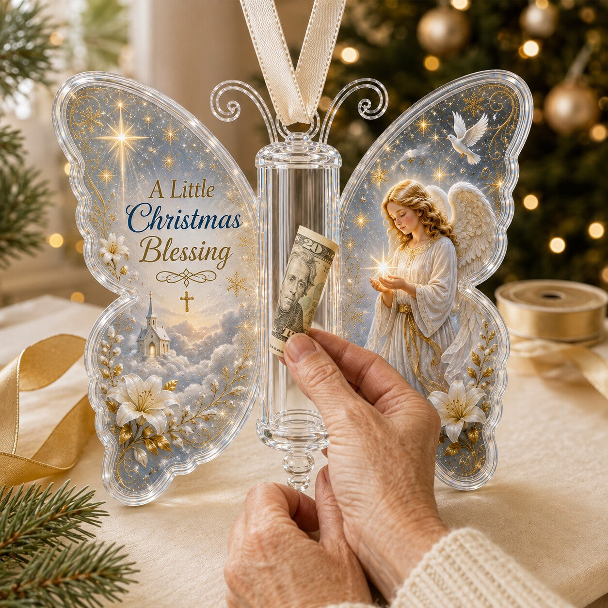 Hands placing a rolled bill into a butterfly Christmas money ornament