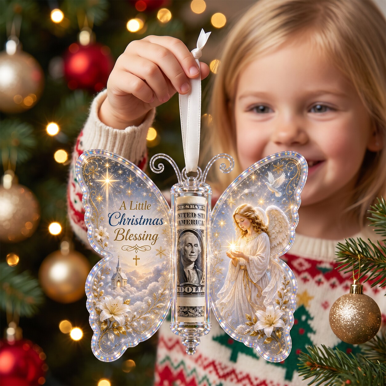 Child discovering a butterfly money gift ornament on a Christmas tree