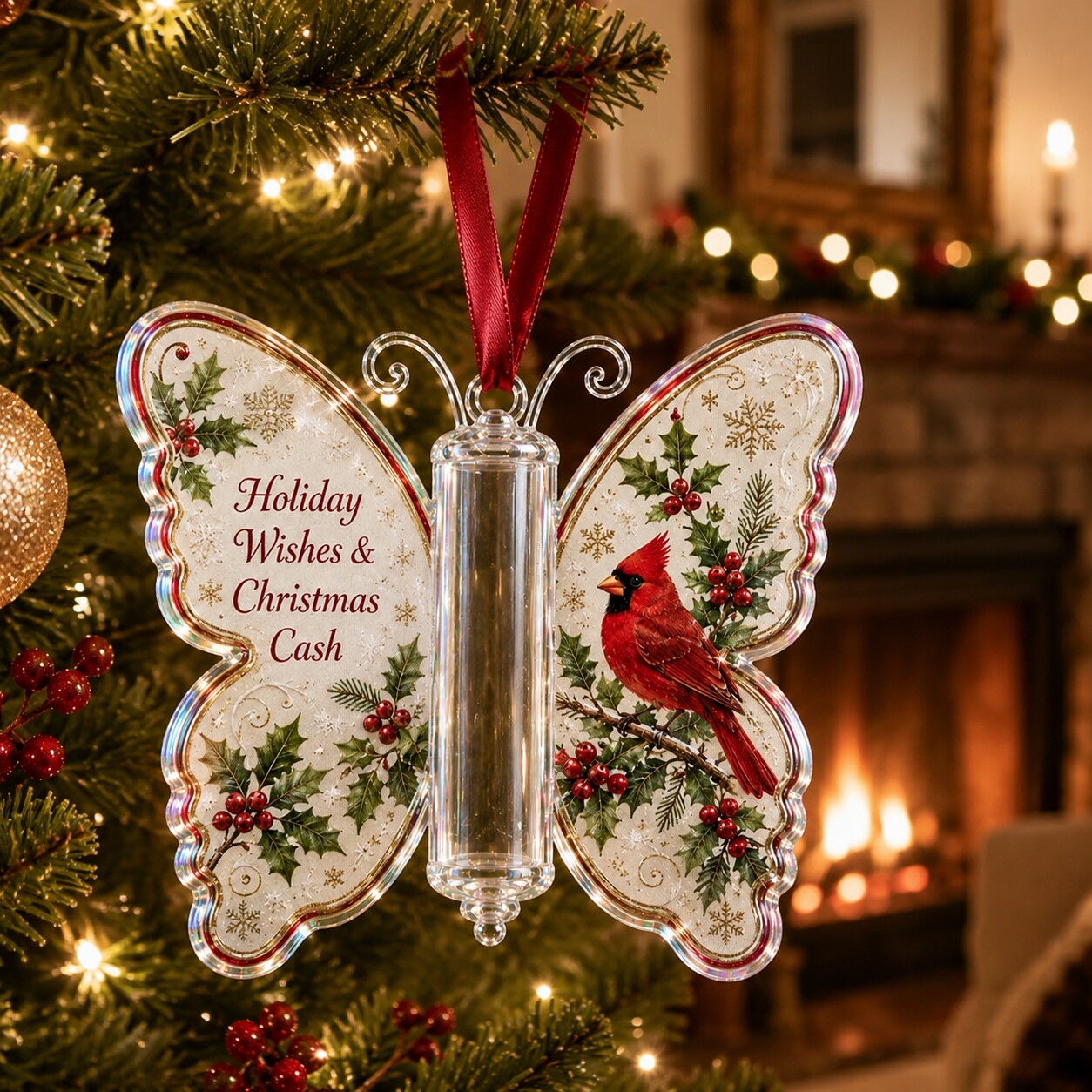 Cardinal butterfly ornament hanging by a fireplace with its cash tube empty