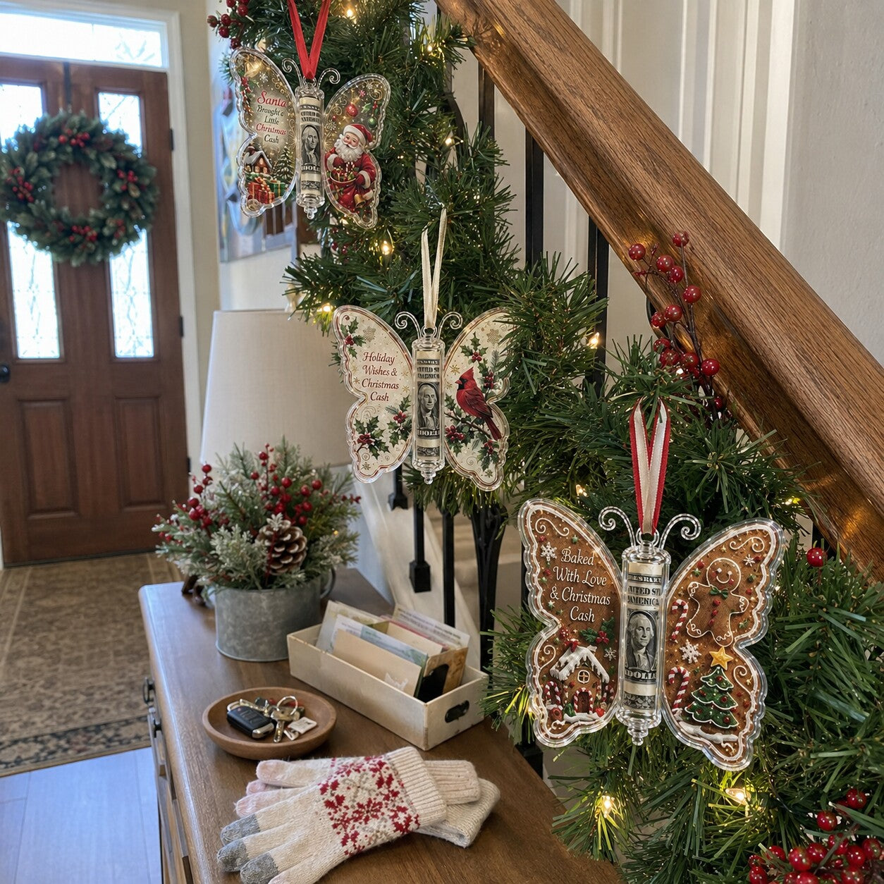 Customer display of three butterfly cash ornaments on a home Christmas tree