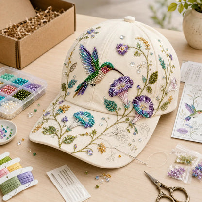 🌸🐦Hummingbird Garden Beaded Hat DIY Kit – Create Wearable Art by Hand🌿✨
