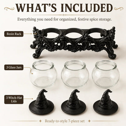 🧙‍♀️Witch-Hat Gothic Spice Jar Set — Ornate Resin Rack + 3 Glass Jars
