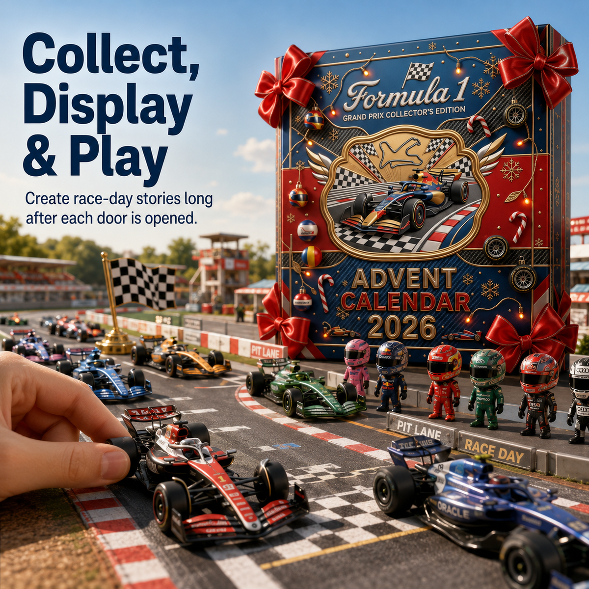 Hand arranging racing miniatures on a tabletop racing scene