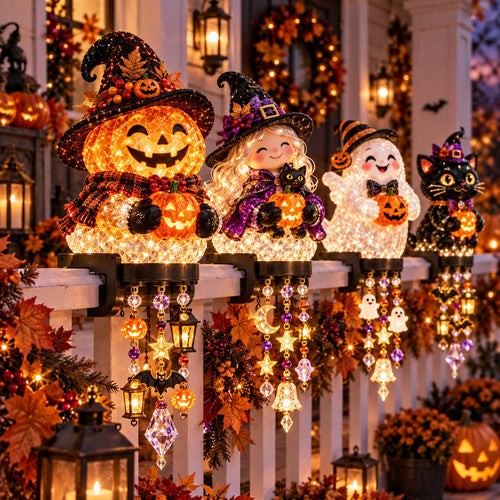🎃 Halloween-Kaskadenlichter für Veranda & Geländer – Kürbis, Hexe, Geist & schwarze Katze