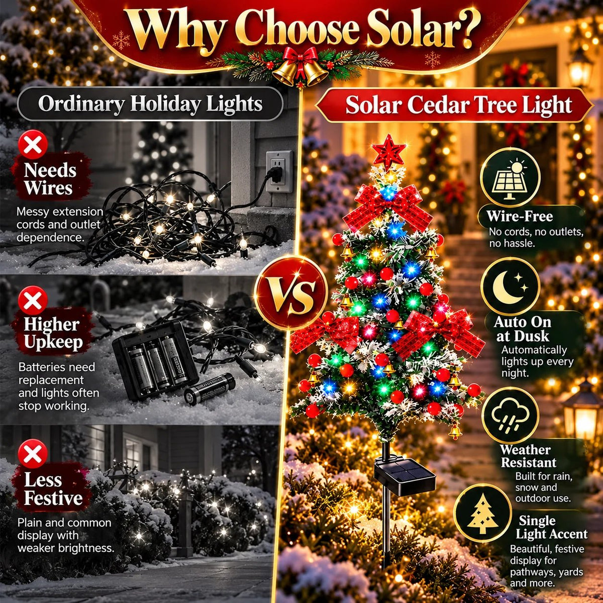 Solar Cedar Christmas Tree Lights| Festive Outdoor Holiday Decor