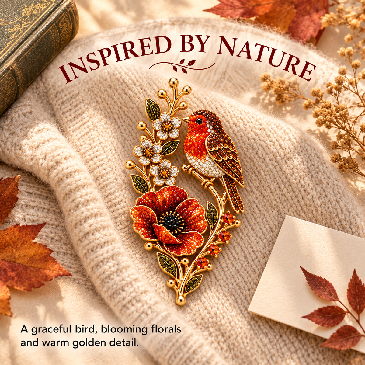 🐦🌸Robin & Poppy Crystal‑Encrusted Vintage Brooch 🐦🌸