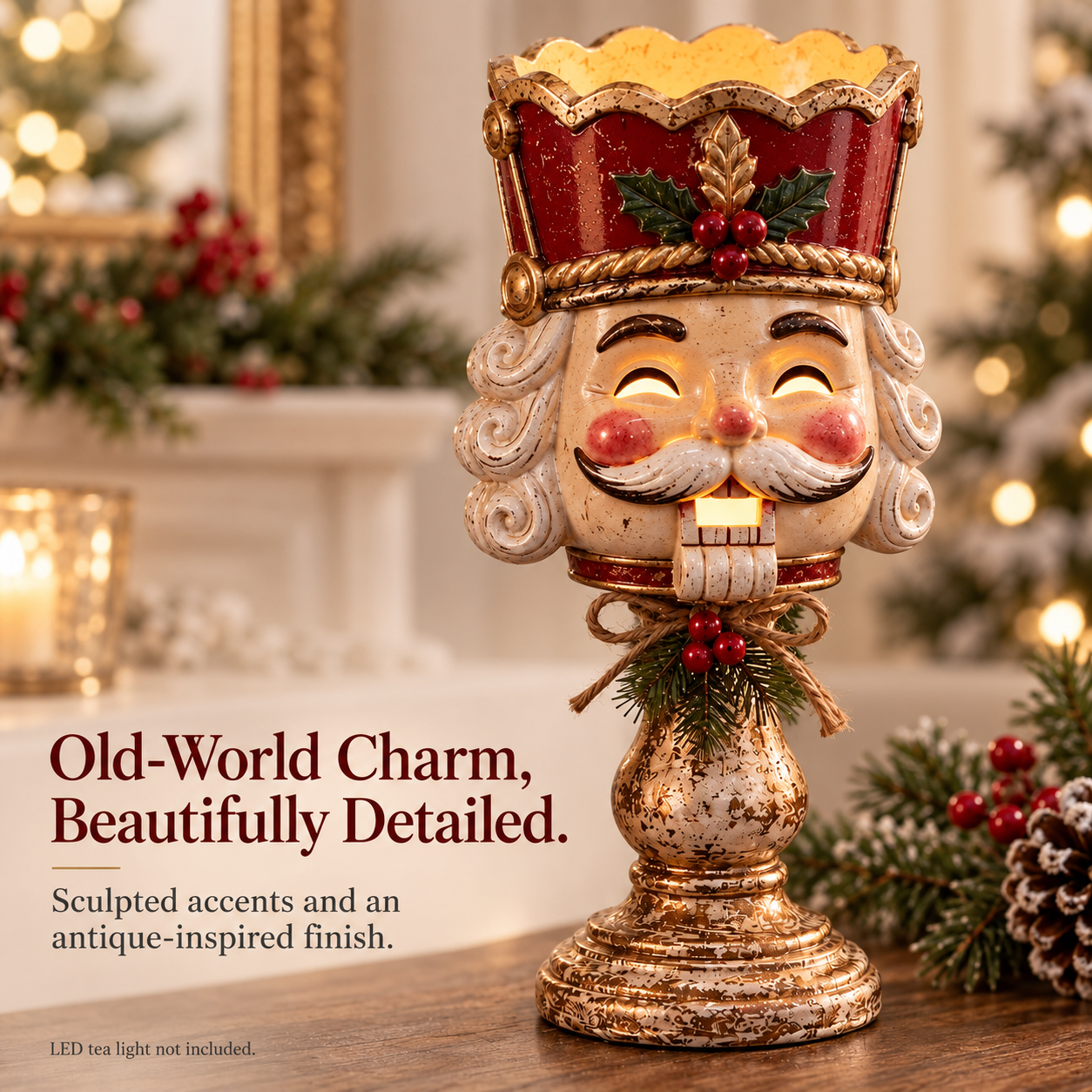 Nutcracker candle holder showing sculpted features and an antique-inspired pedestal
