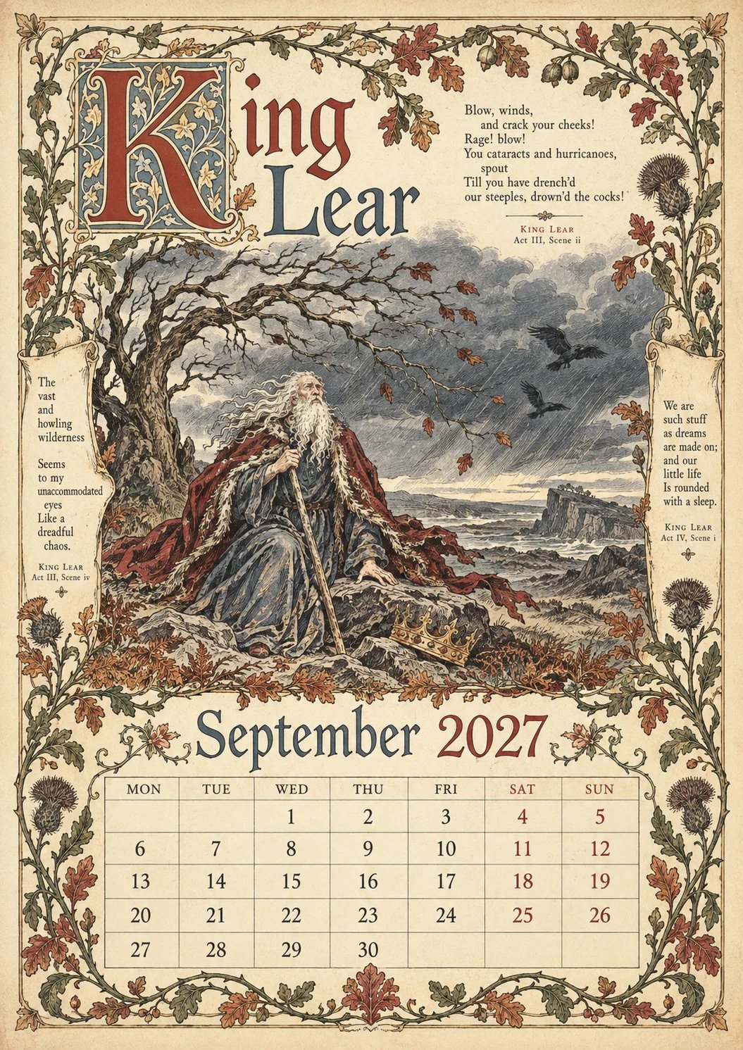 🗓️ A Vintage Literary Year 2027 – ✨ 12 Plays Through the Seasons | Vintage Illustrated Wall Calendar