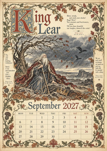 🗓️ A Vintage Literary Year 2027 – ✨ 12 Plays Through the Seasons | Vintage Illustrated Wall Calendar