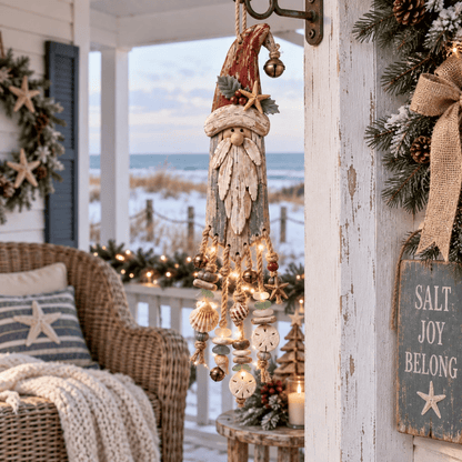 🔔🎄Vintage Coastal Santa Lighted Wall Decor – Beach House Christmas Hanging with Starfish, Shells & Warm Glow🌙