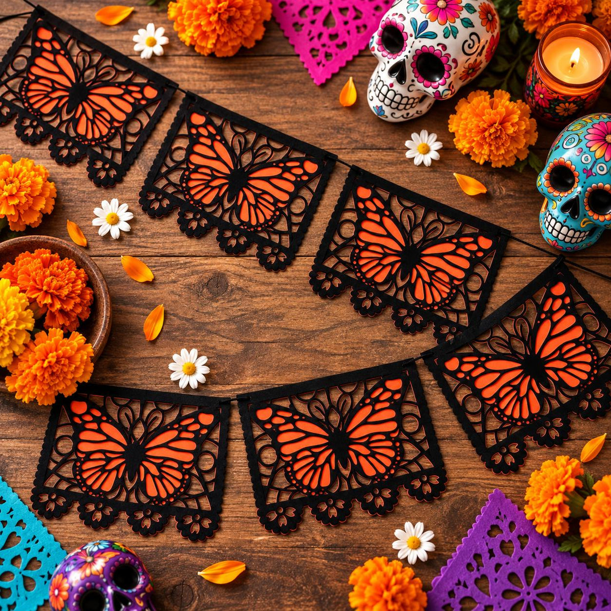 🔥LAST DAY 50% OFF - 🦋 Monarch Butterfly Día de los Muertos Banner | 9.8FT Black & Orange Papel Picado-Style Garland 🌺