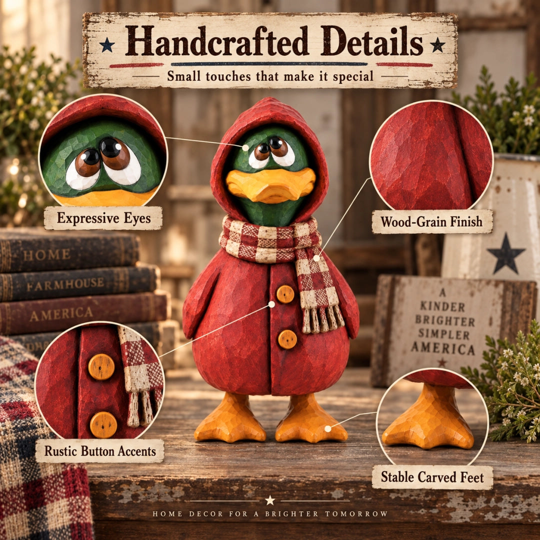 Rustic Wooden Duck Figurine with Scarf, Hand-Painted Farmhouse Animal Decor