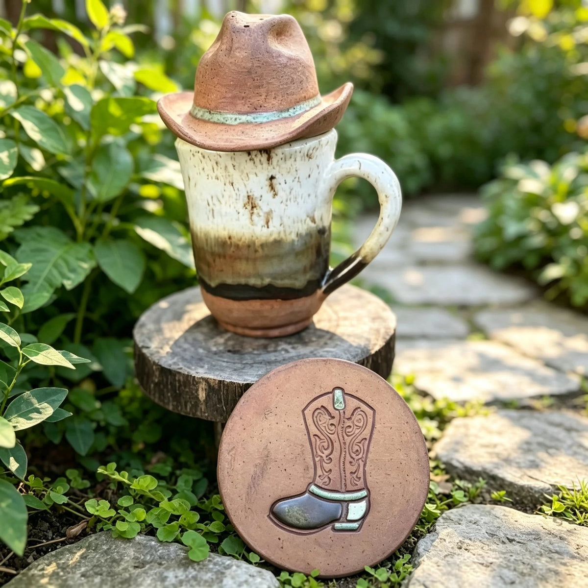 📍🤠 Cowboy Hat Ceramic Tea Mug Set | Western Handmade Cup with Hat Tea Strainer & Cowboy Boot Coaster, Rustic Farmhouse Gift
