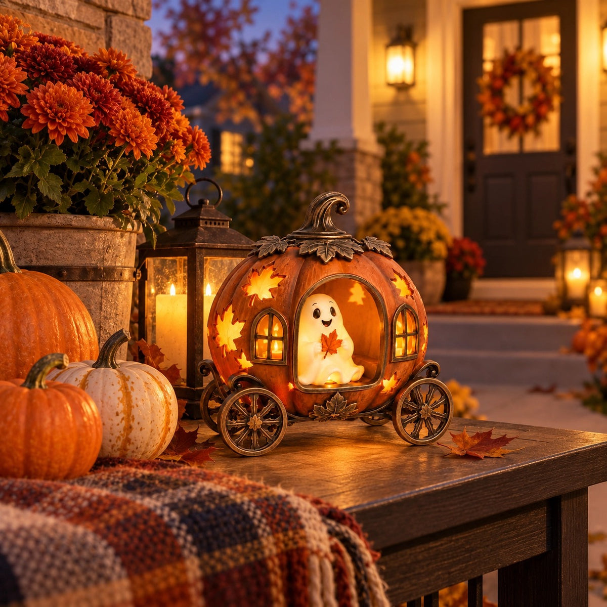 Lighted Ghost Pumpkin Carriage Figurine🎃