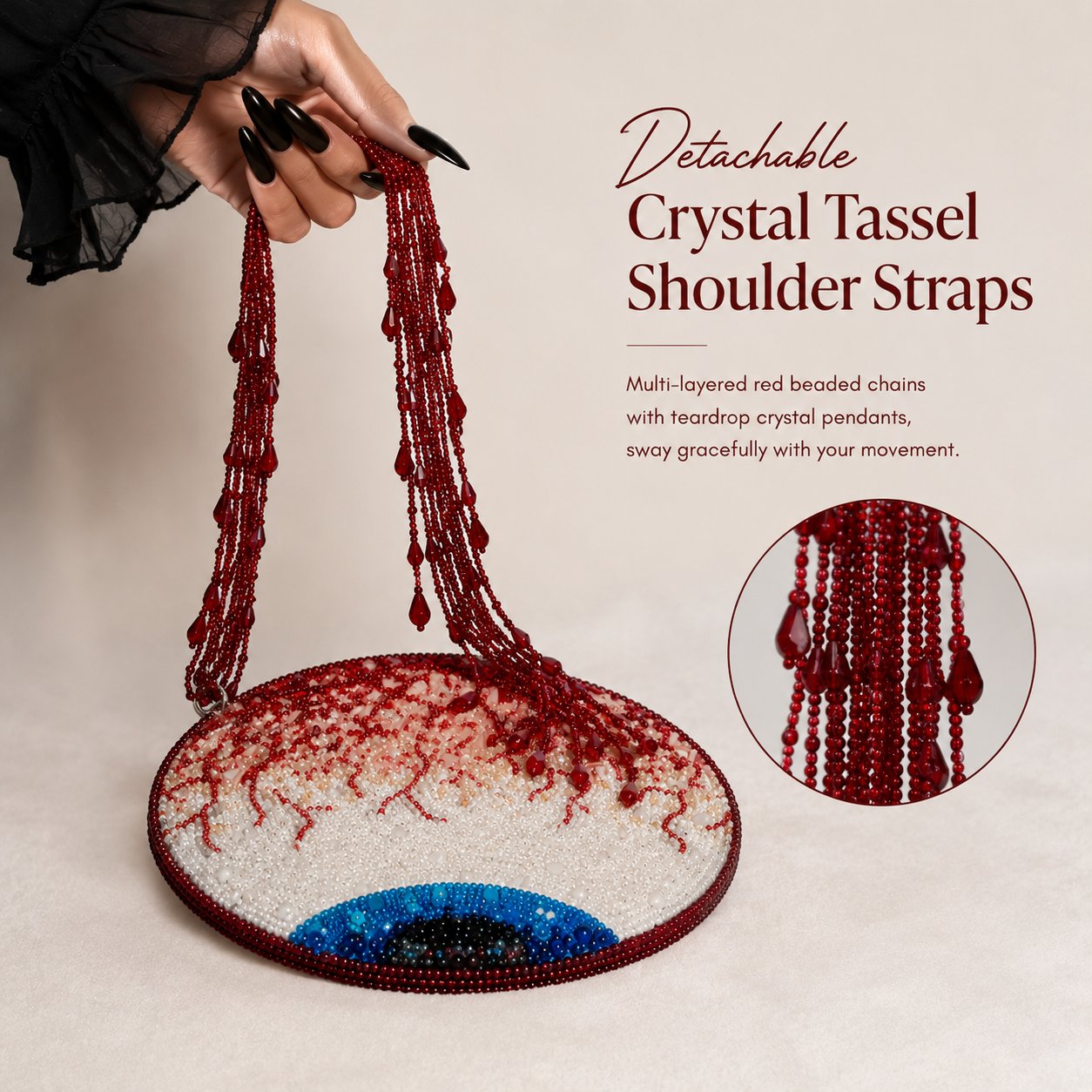 Hand-beaded round handbag featuring a bloodshot eyeball design.