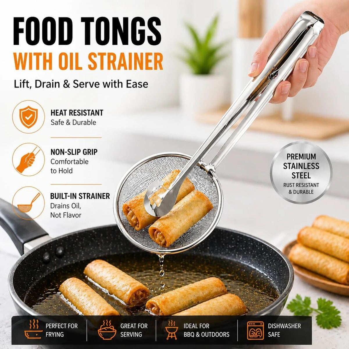 🍟✨ Fry & Drain Kitchen Tongs – Grab, Strain & Serve with One Handy Tool