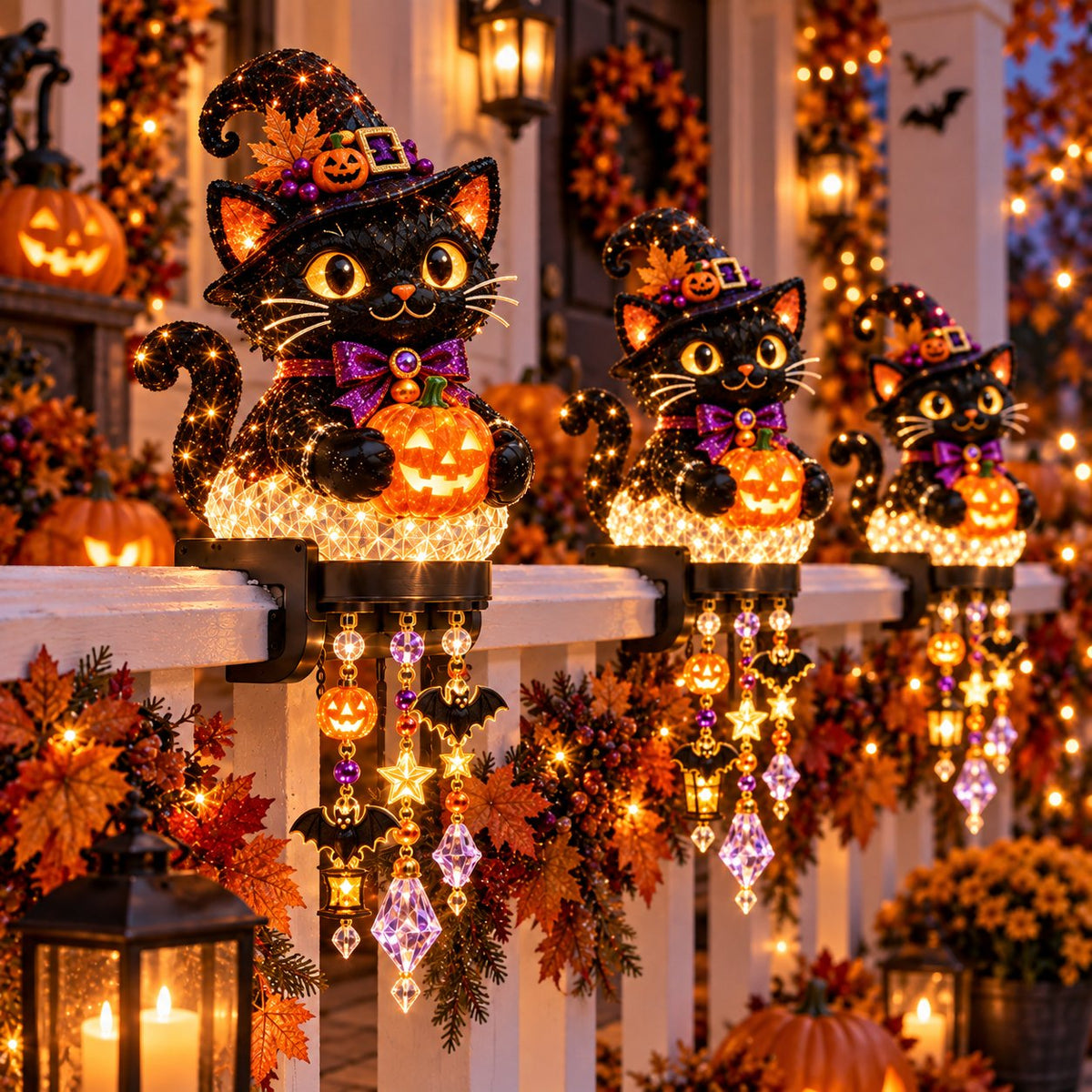 🎃 Halloween-Kaskadenlichter für Veranda & Geländer – Kürbis, Hexe, Geist & schwarze Katze