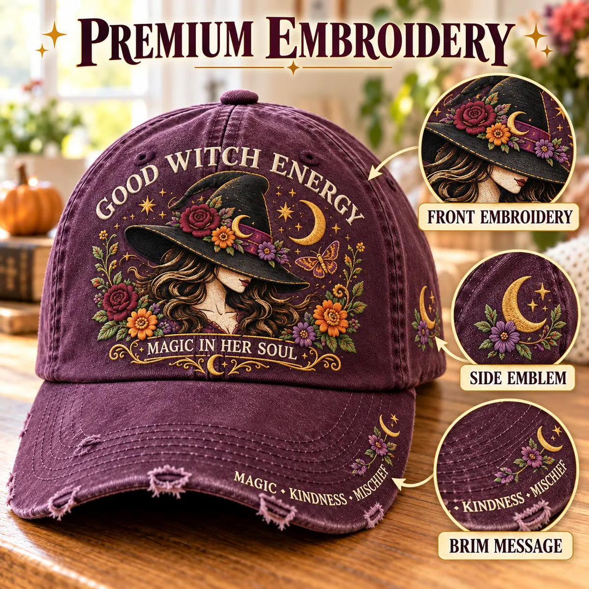 🔥Last Day 50% OFF 🌙 Good Witch Energy Floral Witch Baseball Cap