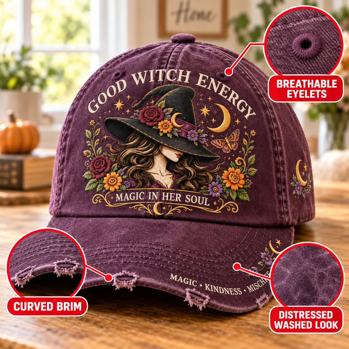🔥Last Day 50% OFF 🌙 Good Witch Energy Floral Witch Baseball Cap