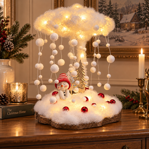 Lighted Snowfall Cloud Snowman Scene