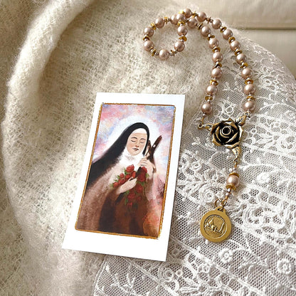 🌹 St. Thérèse “Little Flower” Rose Novena Chaplet – Blush Pearl Prayer Beads