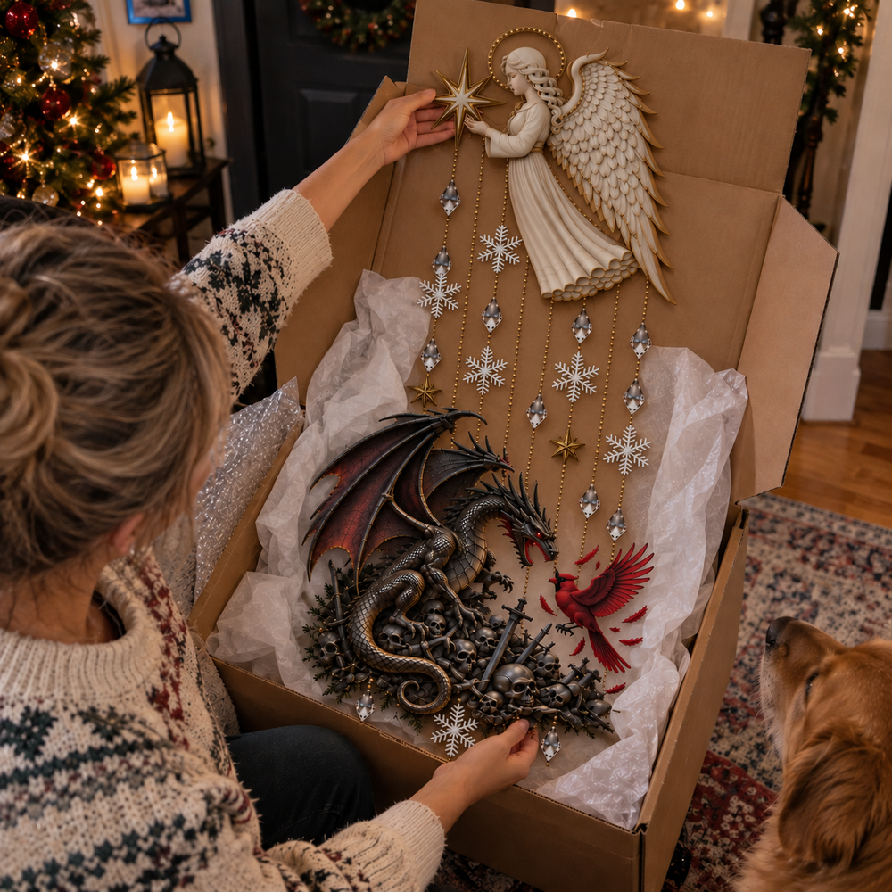 Angel dragon wall decor being removed from packaging