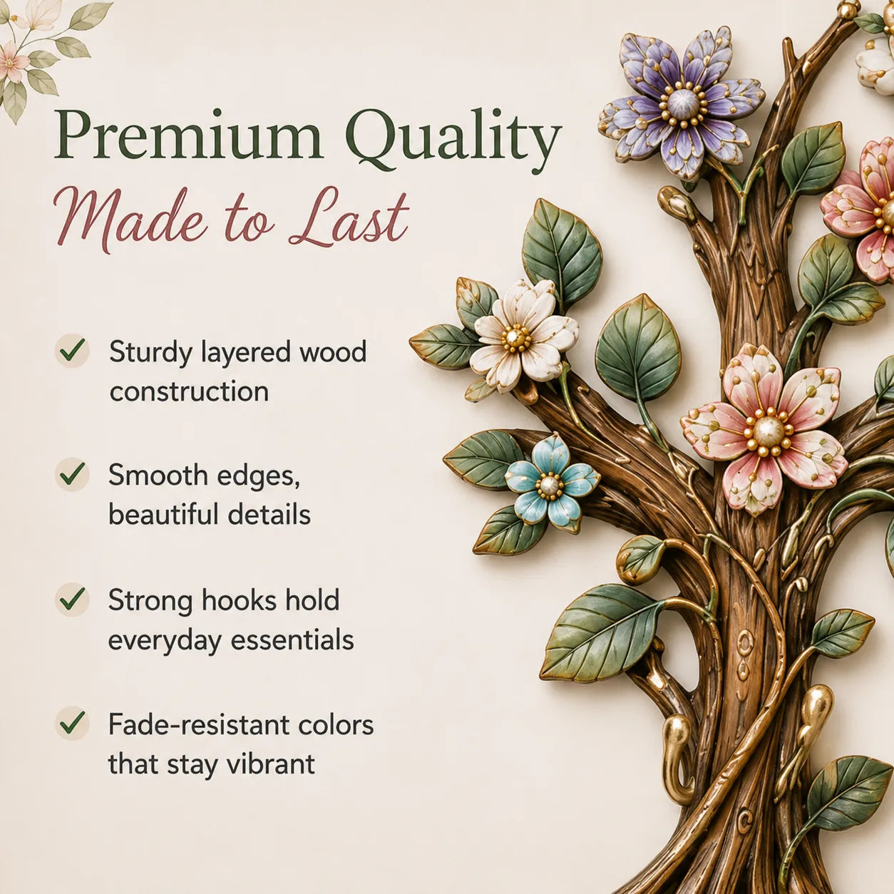 🌿 DIY Hummingbird Tree Wall Organizer Kit | 5‑Hook Wooden Wall Hanger, Botanical Art Decor for Entryway Home Craft Gift