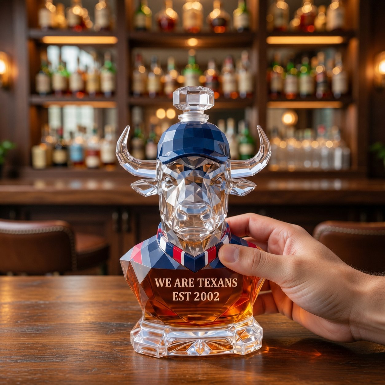 Crystal Bull Decanter – We Are Texans Est 2002 Glass Decanter Whiskey Bottle