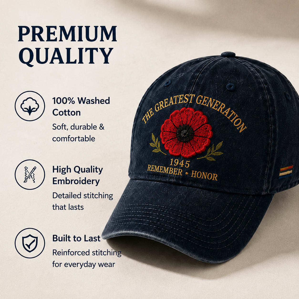 Premium quality washed cotton commemorative cap