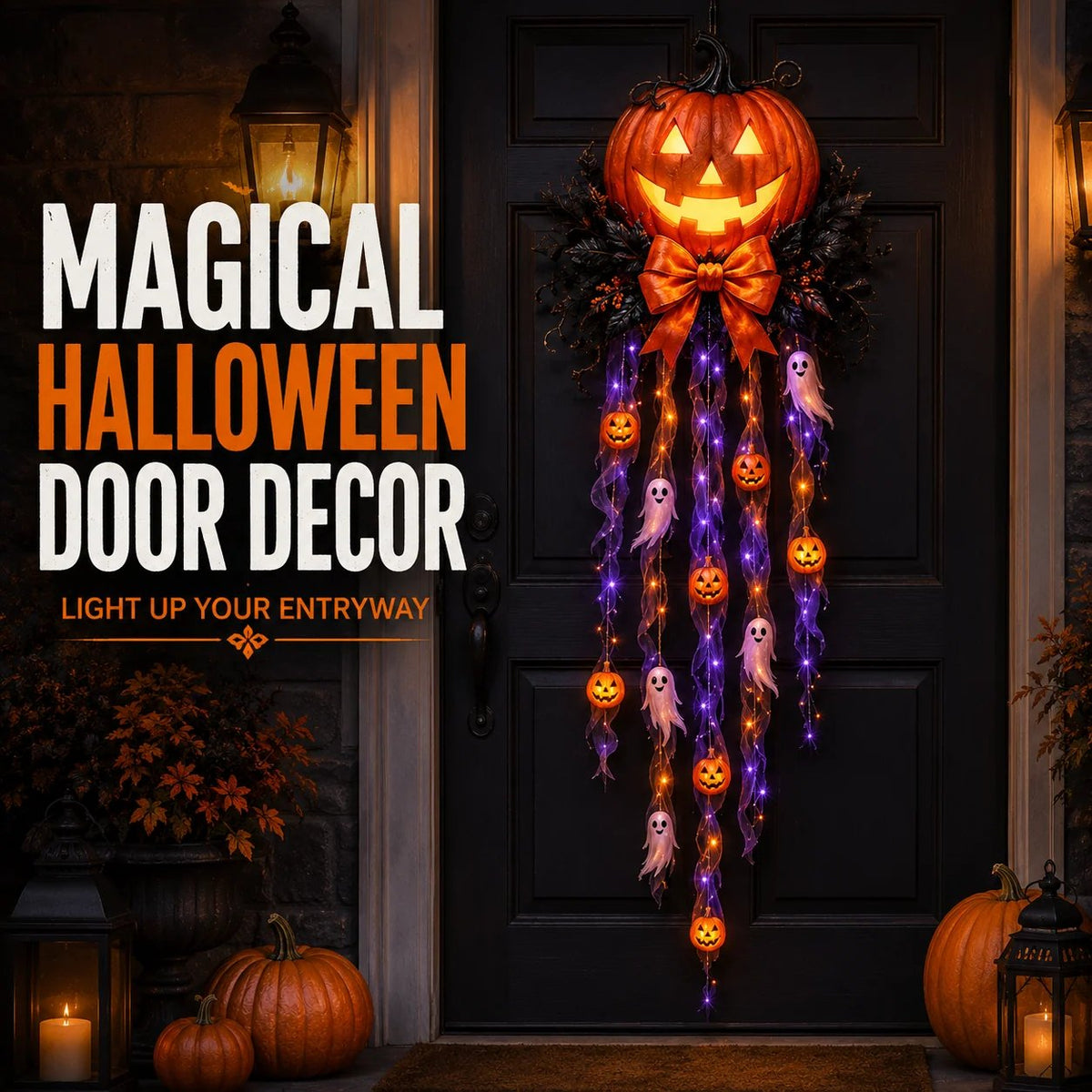 👻🎃 Spooky Glow Door Cascade – Lighted Halloween Pumpkin & Ghost Entry Decor