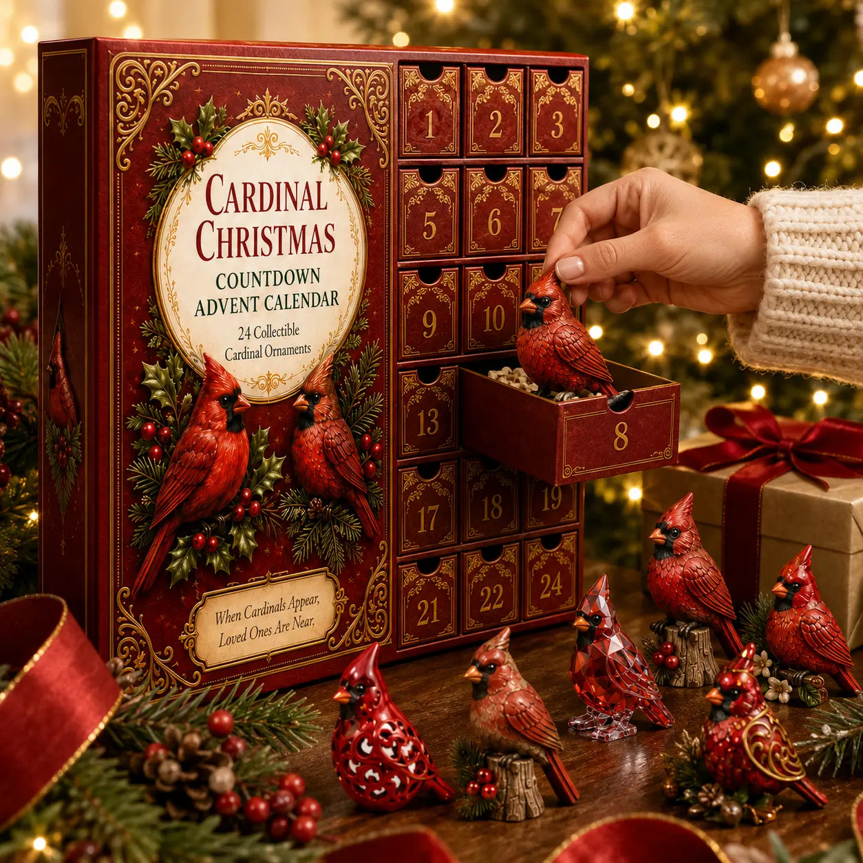 Cardinal Christmas advent calendar with one numbered drawer being opened