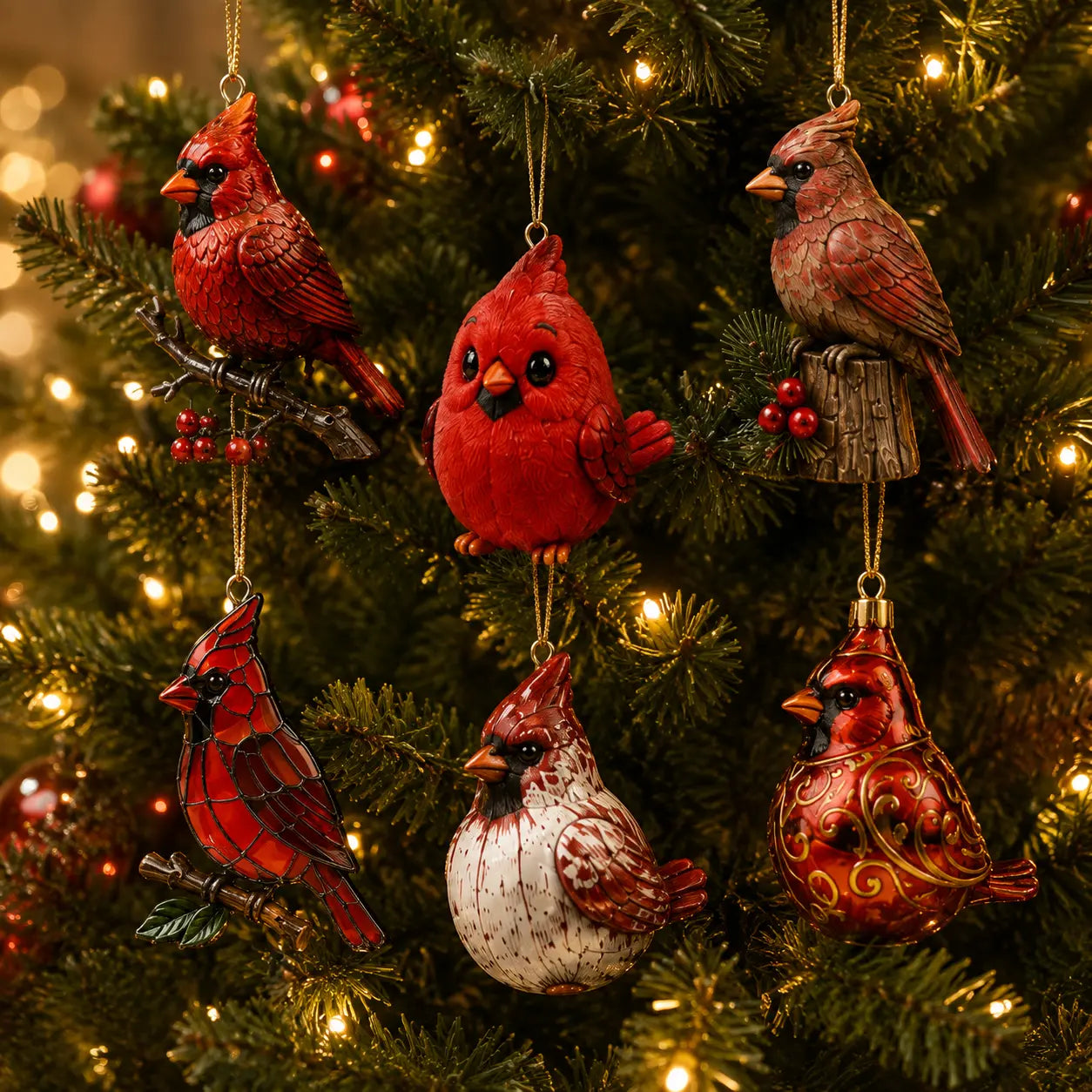 Different cardinal ornaments hanging on a warmly lit Christmas tree