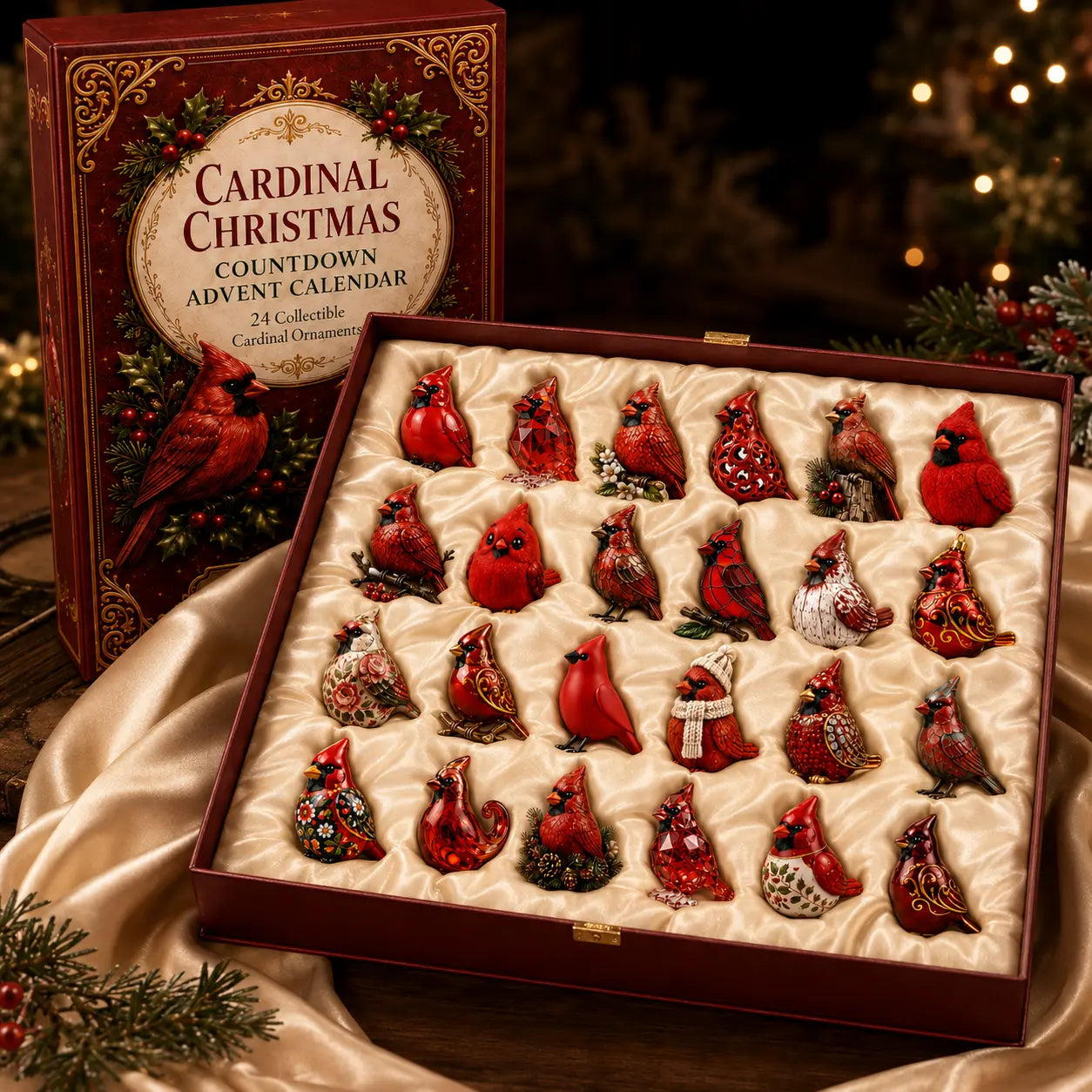 Twenty-four cardinal ornaments arranged inside a red presentation box