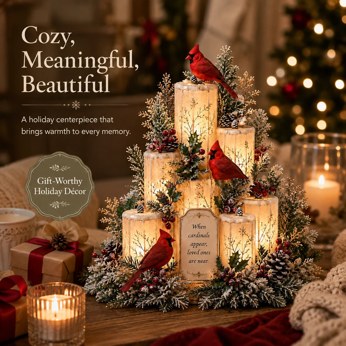 Cozy cardinal candle centerpiece in a warm home setting