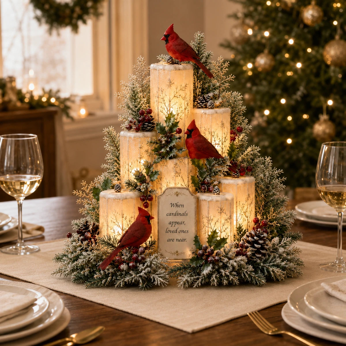 Cardinal memorial LED candle centerpiece glowing on a dining table